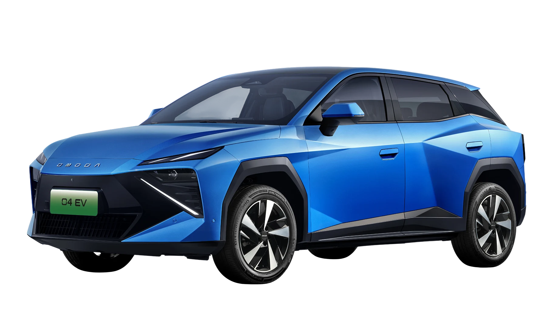 OMODA 04 EV biru, tampak tiga perempat depan.
